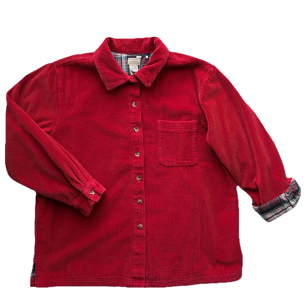 LL BEAN Womens XL Red Shacket Corduroy Wide Wale Flannel Lined Shirt Jacket